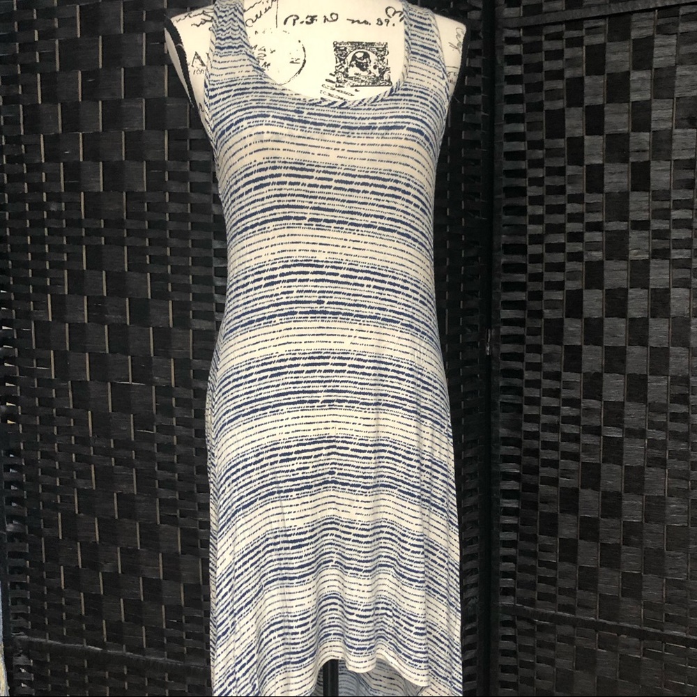 Adam Levine Cream & Navy Blue Abstract Print High Low Dress Sz L